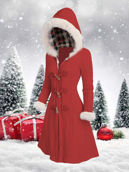 Y2K Plaid Hooded Knit Coat with Faux Fur Trim, Horn Buttons, Long & Warm