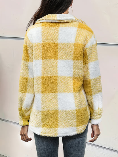 Elegant Plush Winter Jacket - Polyester and Elastane, Checkered Pattern, High Stretch Fabric, Machine Washable, Knitted Style
