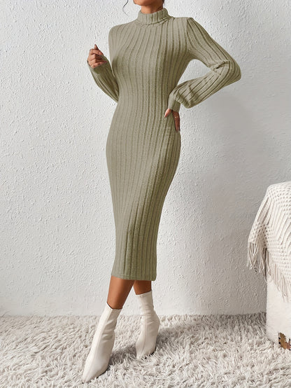 Ribbed Solid Bodycon Dress, Elegant Turtleneck Long Sleeve Dress for Women.