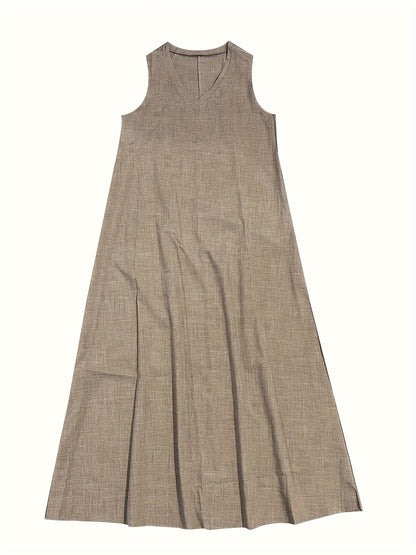 Vestido longo com decote em V, sem mangas, cor sólida, ideal para primavera e verão.