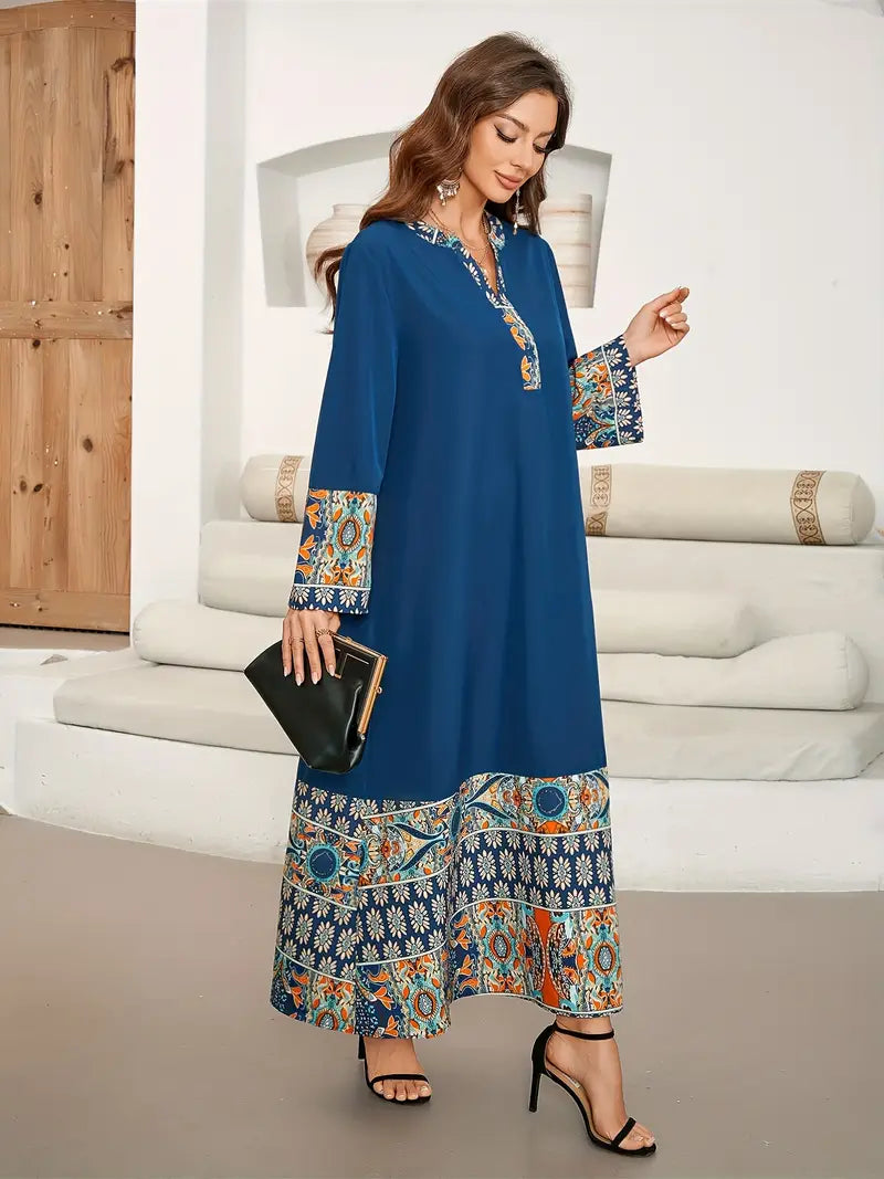 Ramadan Ethnic Print Kaftan – Elegant Long Sleeve Maxi Dress