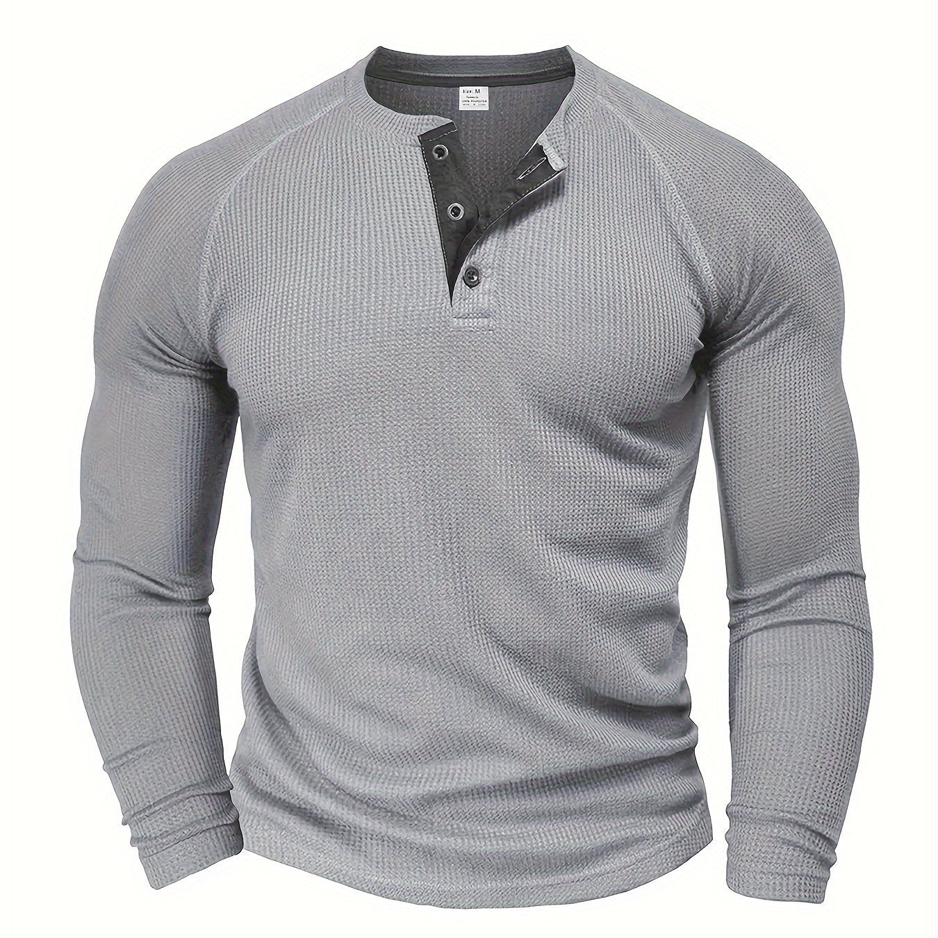 Camisa Henley Masculina Sólida, Manga Longa, Gola Redonda, Meio Botão