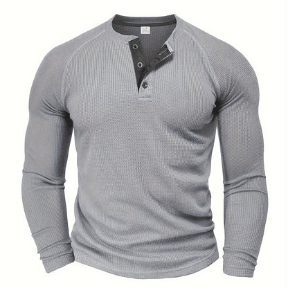 Camisa Henley Masculina Sólida, Manga Longa, Gola Redonda, Meio Botão