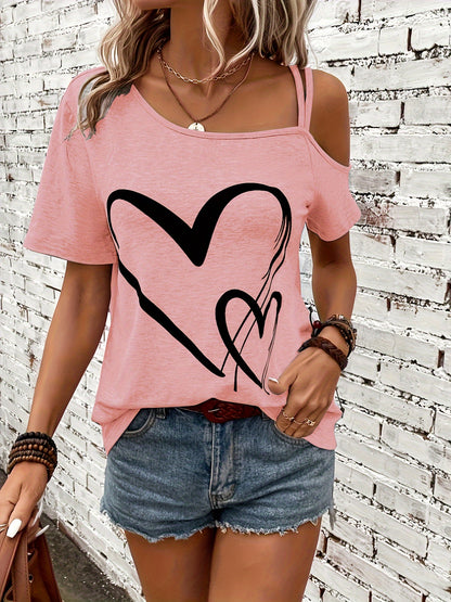 Stylish Heart Print One Shoulder Short Sleeve T-shirt - Elegant Asymmetrical Polyester Top with Micro Elasticity - Perfect for Summer, Womens Regular Length Knit Fabric Clothing