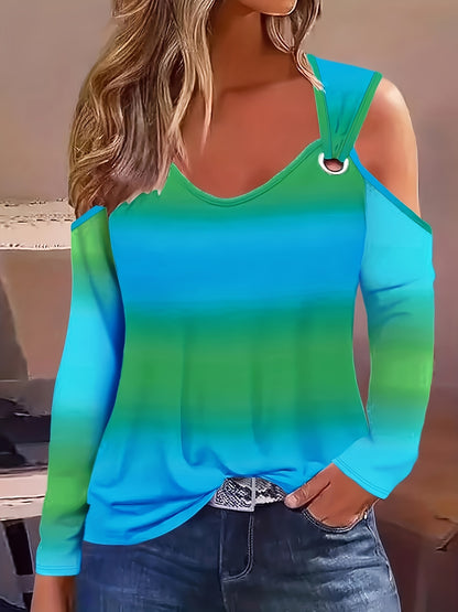 Camiseta com ombros descobertos e ilhós, blusa casual de manga comprida para primavera e outono.