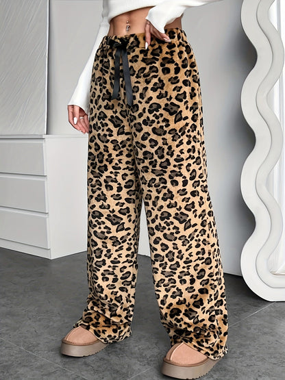 Leopard Print Drawstring Pants - Fuzzy Teddy, Straight Leg