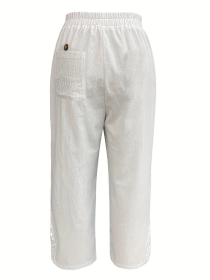 Chic Lace-Trimmed Elastic Waist Trousers - Breathable, Relaxed Fit for Spring & Summer - Womens Fashion Pants