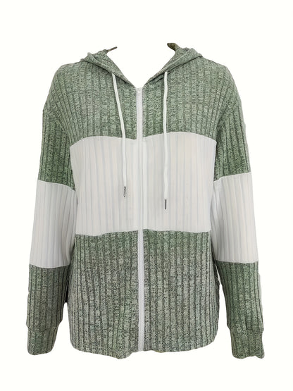 Color Block Zip-Up Hoodie, Casual Rib Knit Sweatshirt.