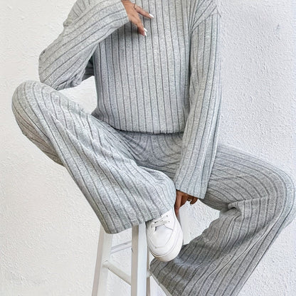 Solid Ribbed Two-piece Set, Mock Neck T-shirt & Wide Leg Pants