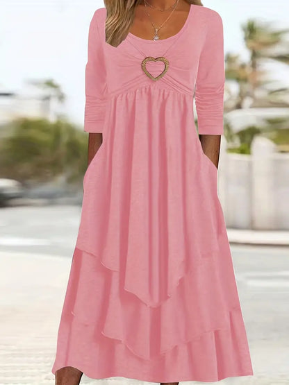 Heart Ring Decor Ruffle Layered Dress – Casual Crew Neck, Long Sleeve