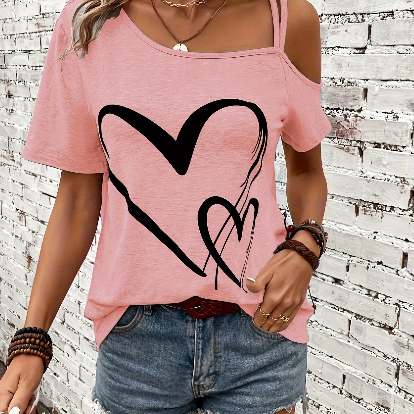Stylish Heart Print One Shoulder Short Sleeve T-shirt - Elegant Asymmetrical Polyester Top with Micro Elasticity - Perfect for Summer, Womens Regular Length Knit Fabric Clothing