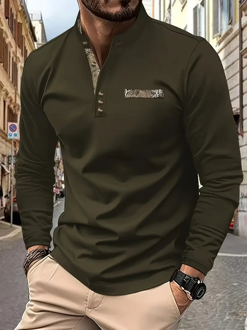 Lässiges Henley-Shirt für Herren – Stehkragen, lange Ärmel, Knopfdetail, Stretchstoff