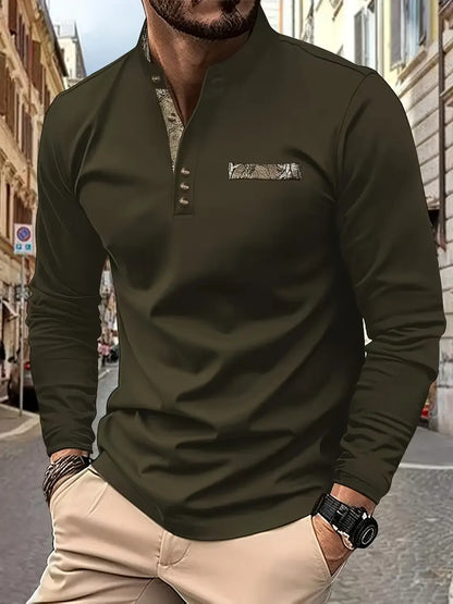 Lässiges Henley-Shirt für Herren – Stehkragen, lange Ärmel, Knopfdetail, Stretchstoff