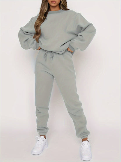 Solid Casual Two-piece Set, Crew Neck Top & Drawstring Jogger Pants