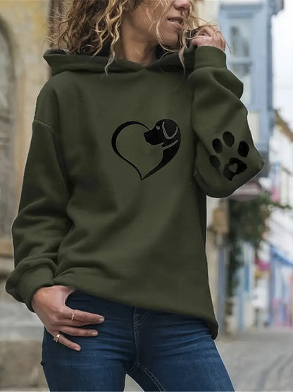 Dog & Heart Paw Print Hoodie – Casual Long Sleeve Sweatshirt