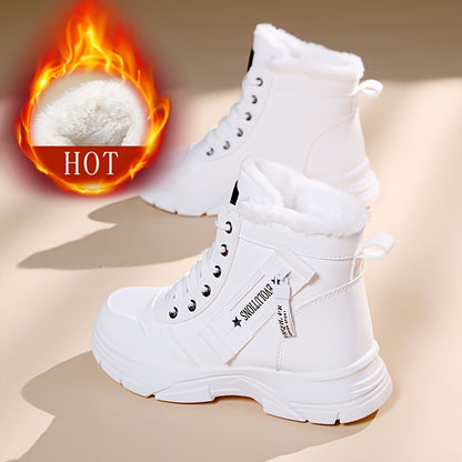 Botas de neve quentes de inverno femininas com zíper lateral - Sola grossa confortável, tênis de cano alto em cor sólida, botas de neve, sapatos para atividades ao ar livre