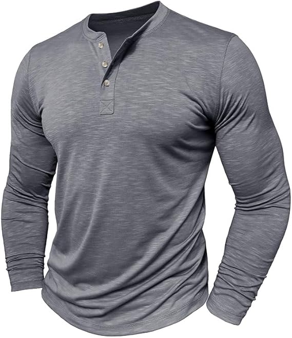 Camiseta masculina de manga comprida com gola Henry e três fivelas