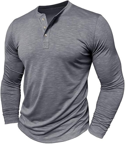 Camiseta masculina de manga comprida com gola Henry e três fivelas
