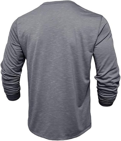 Camiseta masculina de manga comprida com gola Henry e três fivelas