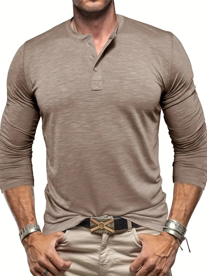 Camiseta masculina de manga comprida com gola Henry e três fivelas