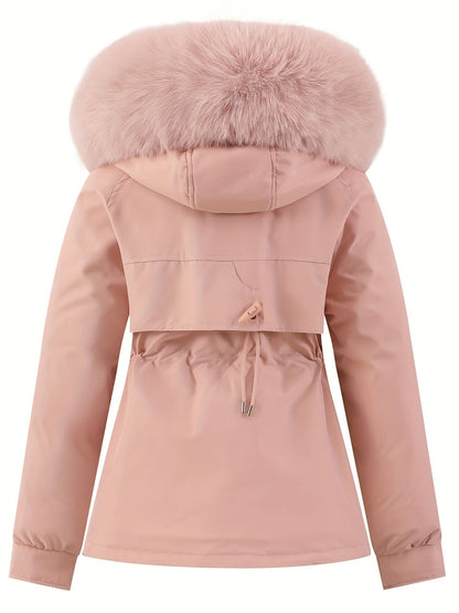Zip-up Fuzzy Trim Hoodie Parka, Casual Drawstring Waist Winter Coat