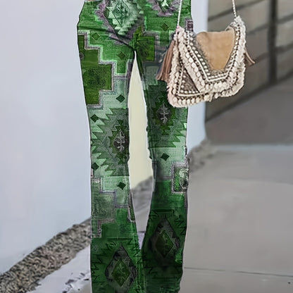 Calças modeladoras geométricas xadrez] Calças modeladoras digitais geométricas xadrez patchwork estampadas - Estilo europeu e americano - Micro calças boca de sino para mulheres
