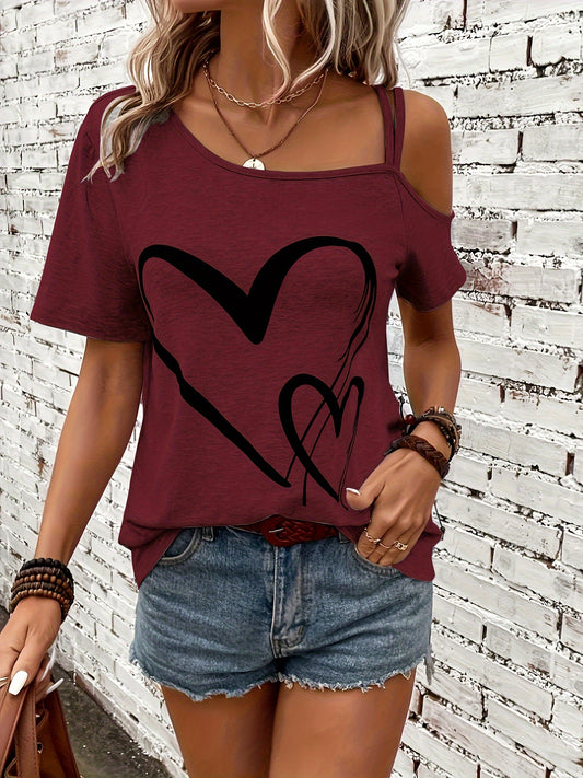 Stylish Heart Print One Shoulder Short Sleeve T-shirt - Elegant Asymmetrical Polyester Top with Micro Elasticity - Perfect for Summer, Womens Regular Length Knit Fabric Clothing