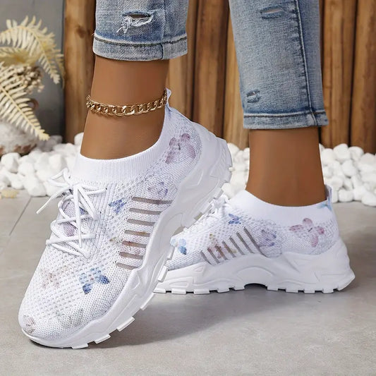 Damen-Sneaker mit Schmetterlingsmuster – Schnürschuhe, atmungsaktives Strick-Low-Top