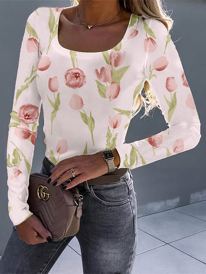 Camiseta casual de poliéster com estampa floral e gola redonda, 200g/㎡, comprimento regular, tecido de malha, para mulheres, primavera/verão