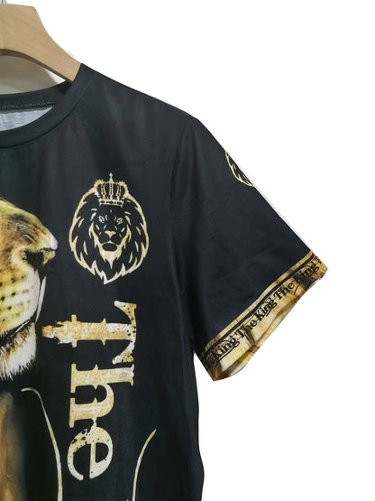 Men's 3D Lion Print Activewear Set, Tee & Pants