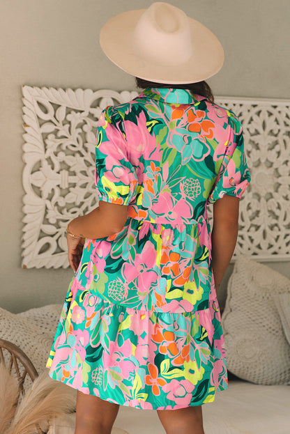Vestido Babydoll Floral Manga Bufante