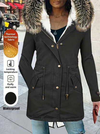 Zip-up Fuzzy Trim Hoodie Coat, Casual Faux Fur Lined, Drawstring Waist