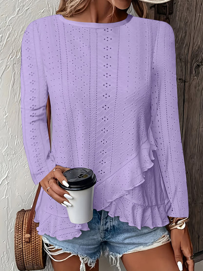 Camiseta feminina de manga comprida com babados e gola redonda, elegante e estilosa, primavera e outono, confortável e respirável, tecido jacquard de cor sólida