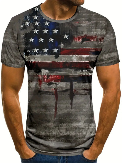 Men's Patriotic 3D Flag Print T-Shirt – Breathable, Quick-Dry Polyester, Crew Neck, Short Sleeve, Perfect for Summer