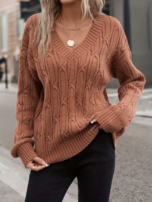 V-Neck Cable Knit Sweater, Casual Long Sleeve for Fall & Spring