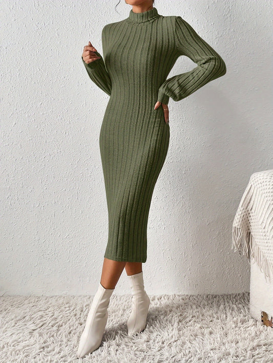 Ribbed Solid Bodycon Dress, Elegant Turtleneck Long Sleeve Dress for Women.