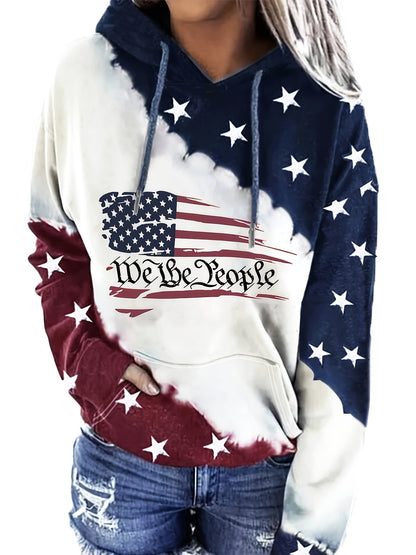Moletom com capuz com estampa de bandeira americana e cordão, moletom casual de manga comprida com bolso canguru, roupas femininas