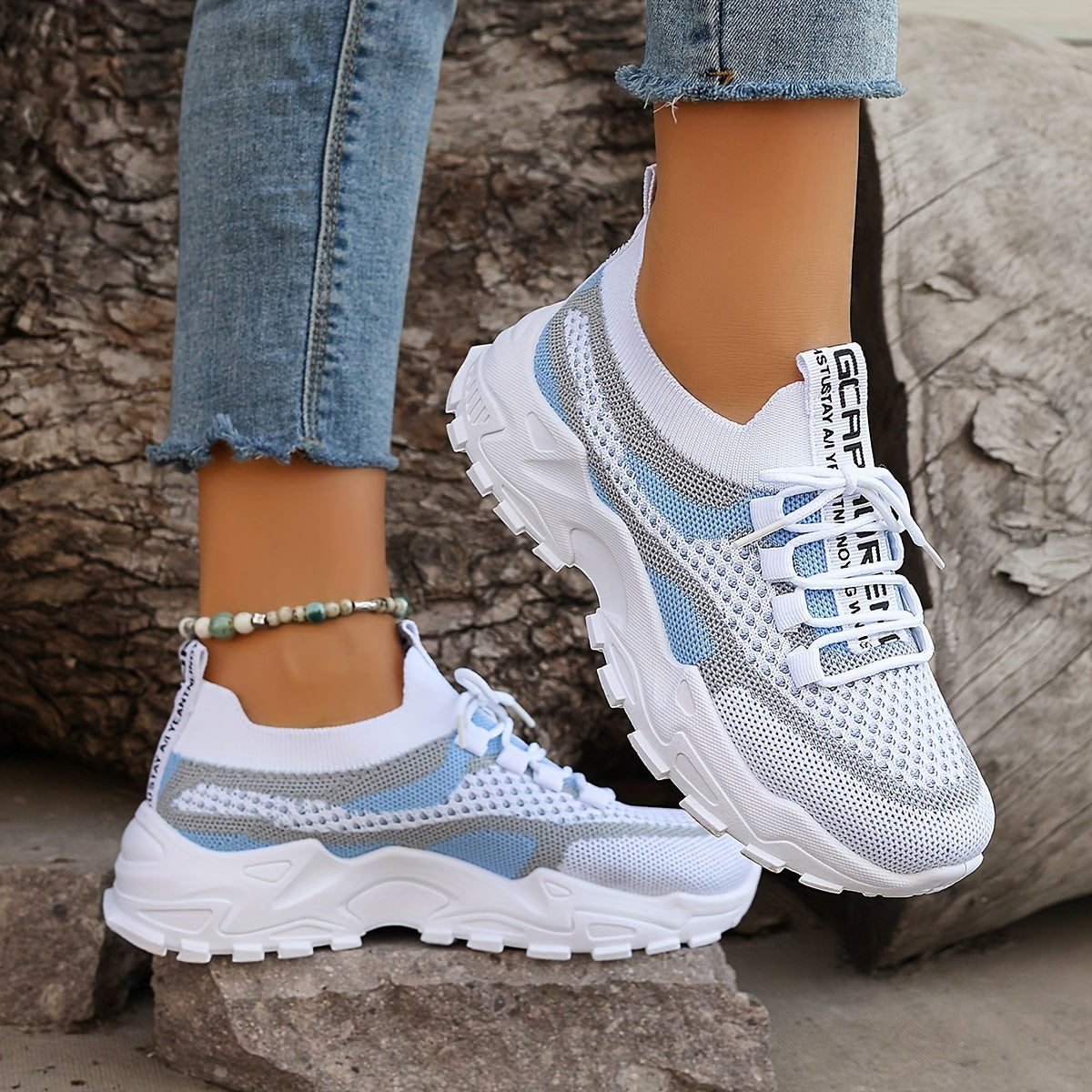 Women's Colorblock Knit Sneakers, Breathable Low Top Running Shoes (Plus Size)