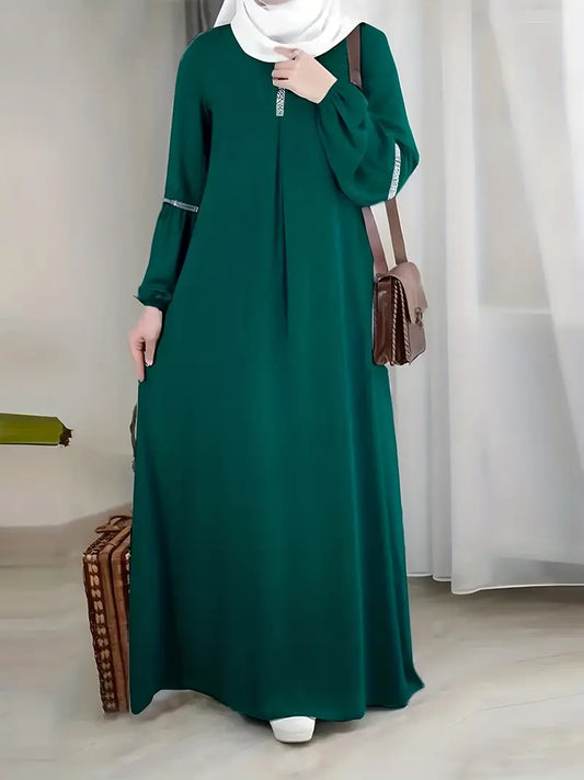 Elegant Green Sequin Abaya – Modest Long Sleeve Kaftan Dress