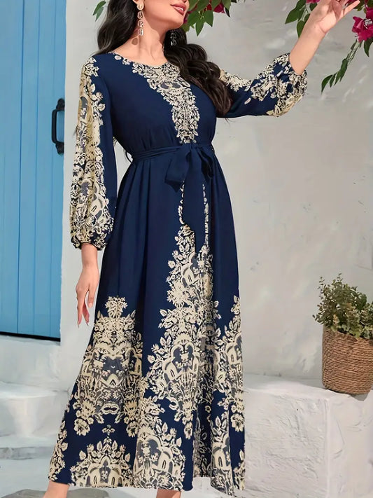 Ramadan Print Kaftan – Elegant Tie-Waist Maxi Dress