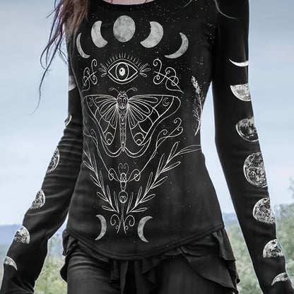 Camiseta casual e estilosa com estampa de borboleta do Ramadã e gola redonda de manga comprida para mulheres