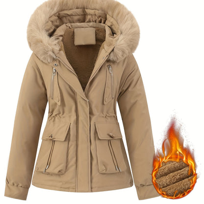 Zip-up Fuzzy Trim Hoodie Parka, Casual Drawstring Waist Winter Coat