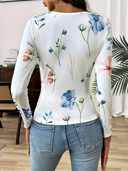 Camiseta casual de poliéster com estampa floral e gola redonda, 200g/㎡, comprimento regular, tecido de malha, para mulheres, primavera/verão