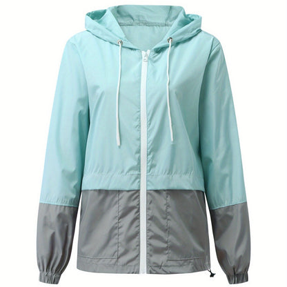 Women Packable Rain Jacket, Outdoor Color Block Hooded Windbreaker with Drawstring