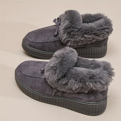 Women's Solid Color Boots, Bowknot Decor Round Toe Non-slip Soft Thick Sole Fluffy Velvet Warm Boots, Winter Comfy Shoes