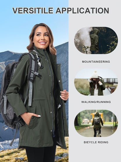Rain Jacket Women'S Waterproof Hood Transition Jacket Long with Breathable Lining Trench Coat Windbreaker