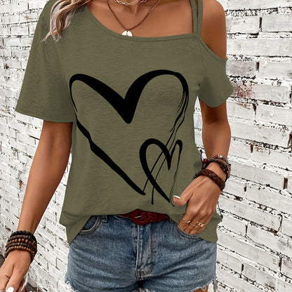 Stylish Heart Print One Shoulder Short Sleeve T-shirt - Elegant Asymmetrical Polyester Top with Micro Elasticity - Perfect for Summer, Womens Regular Length Knit Fabric Clothing