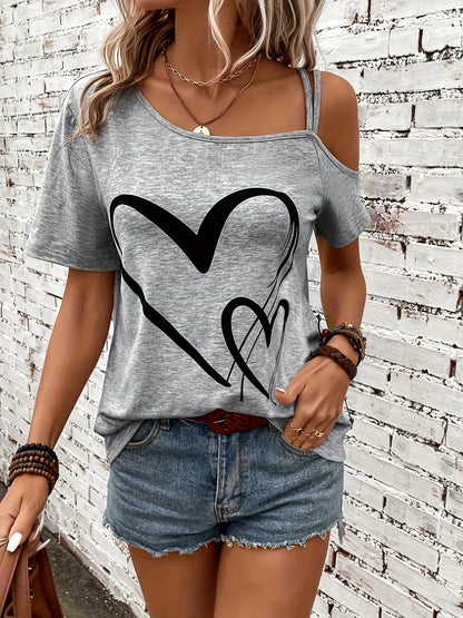 Stylish Heart Print One Shoulder Short Sleeve T-shirt - Elegant Asymmetrical Polyester Top with Micro Elasticity - Perfect for Summer, Womens Regular Length Knit Fabric Clothing