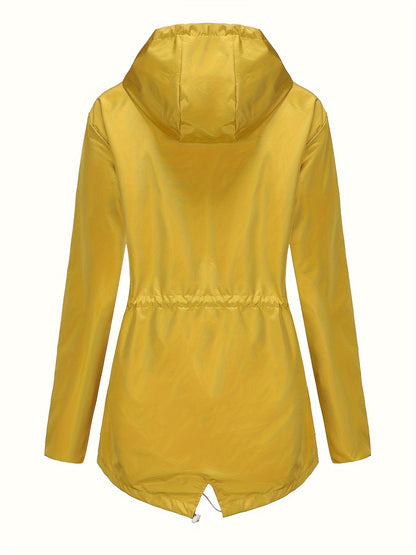 [Cozy Comfort] Women's Waterproof Long Sleeve Hooded Raincoat - Mid-Length Casual Sporty Style with Adjustable Drawstrings, Pockets, and Belt Detail - Olive Green Polyester Jacket for Outdoor Activities