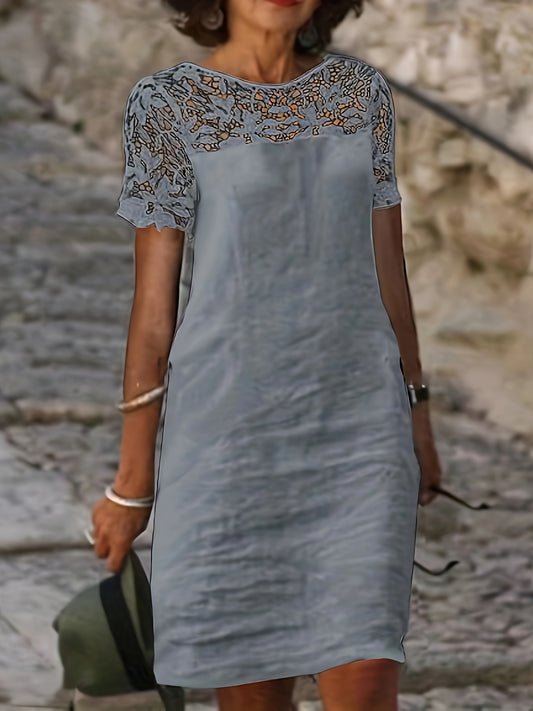 Vestido com renda sólida, manga curta elegante, perfeito para primavera e outono.